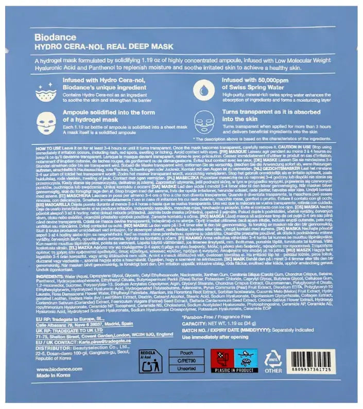 Coffret 4 masques profonds Biodance Hydro Cera-Nol Real